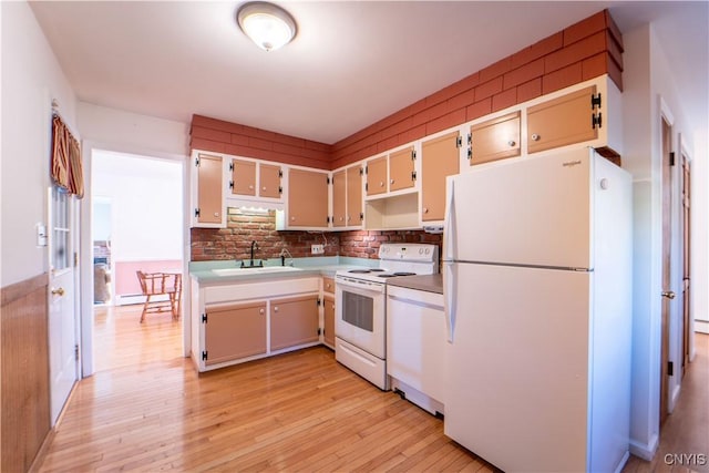 kitchen featuring light wood-type flooring, sink, and white appliances