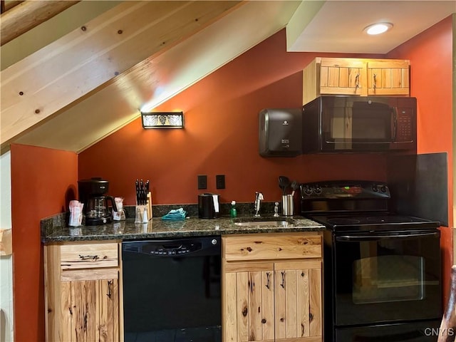 2177 Clute Rd Unit 523Al, Virgil, NY 13045 - kitchen with black appliances, lofted ceiling, and dark stone countertops