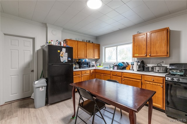 kitchen with ornamental molding, light wood-type flooring, black appliances, and sink