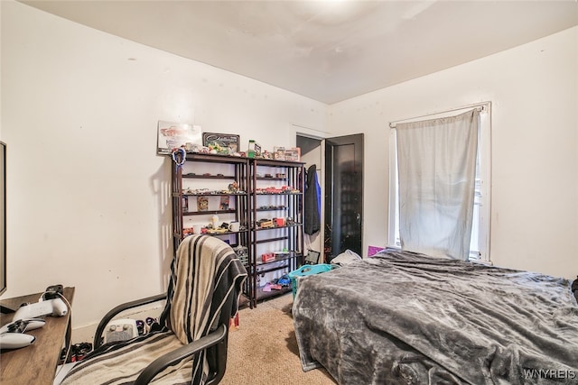 bedroom with light colored carpet