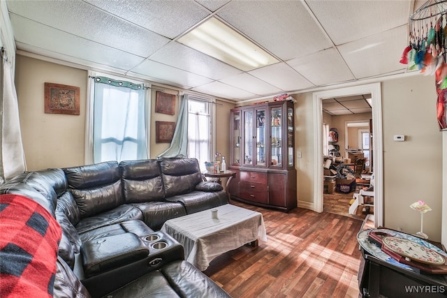 living room featuring a paneled ceiling and dark hardwood / wood-style floors