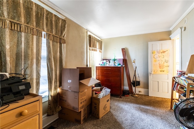 misc room with dark colored carpet and ornamental molding