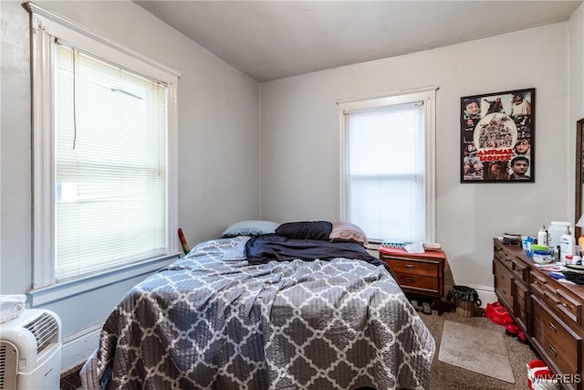 bedroom with multiple windows and carpet