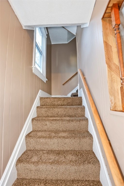 stairway with wood walls