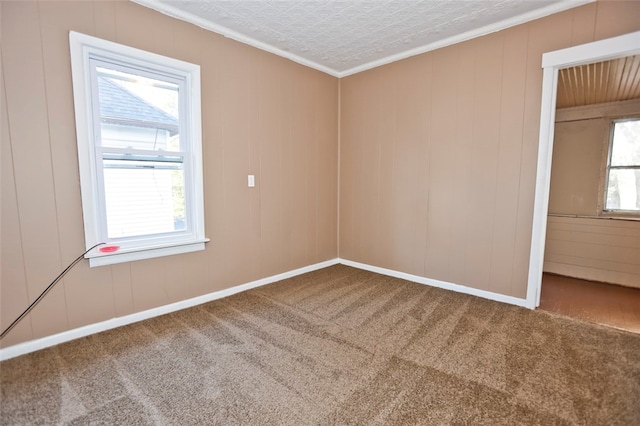 spare room featuring carpet, crown molding, and a textured ceiling