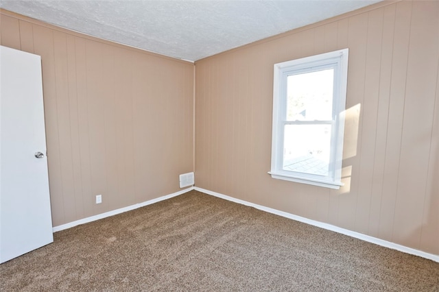 unfurnished room featuring carpet flooring, wooden walls, and a textured ceiling