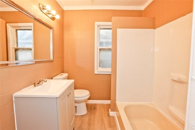 bathroom with a healthy amount of sunlight, vanity, wood-type flooring, and toilet