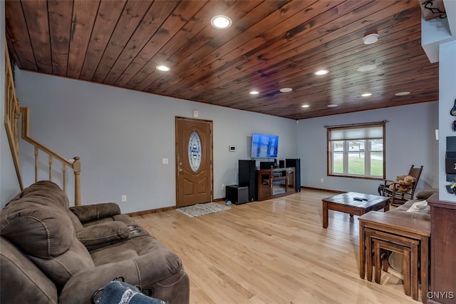 living room featuring light hardwood / wood-style floors and wood ceiling