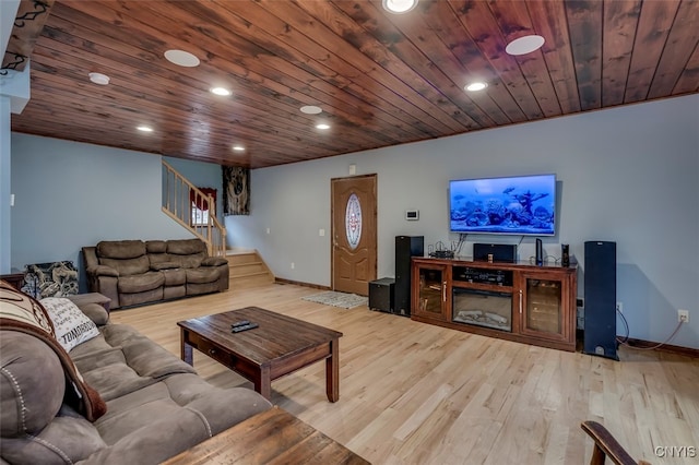 living room with wooden ceiling and light hardwood / wood-style flooring