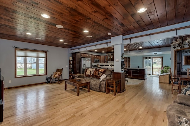 living room featuring wooden ceiling and light hardwood / wood-style flooring