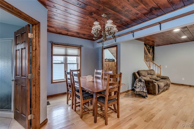 dining space with a notable chandelier, wooden ceiling, and light hardwood / wood-style flooring