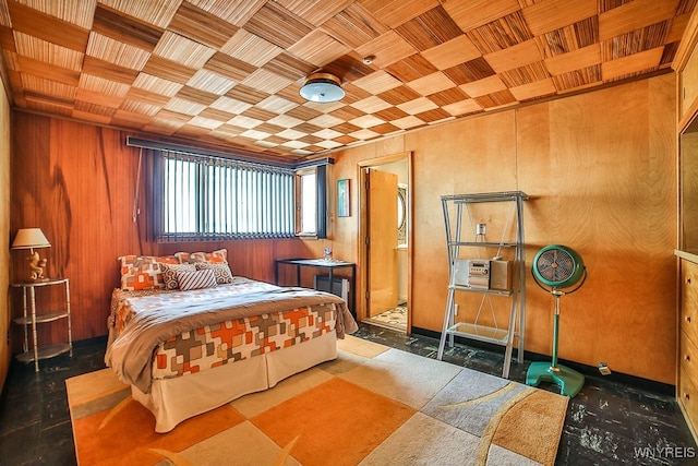 bedroom featuring wooden walls, wooden ceiling, and cooling unit