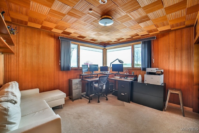 office space featuring wooden ceiling and light colored carpet