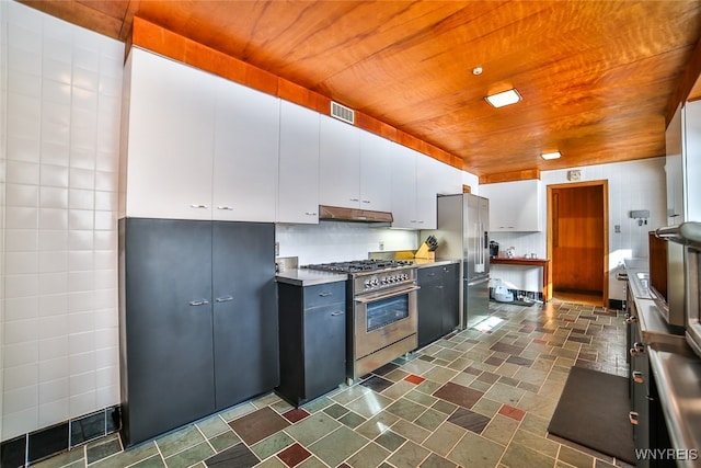 kitchen with tile walls, tasteful backsplash, wooden ceiling, white cabinetry, and appliances with stainless steel finishes