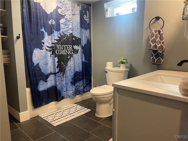 full bathroom featuring toilet, vanity, shower / bath combination with curtain, and tile patterned floors