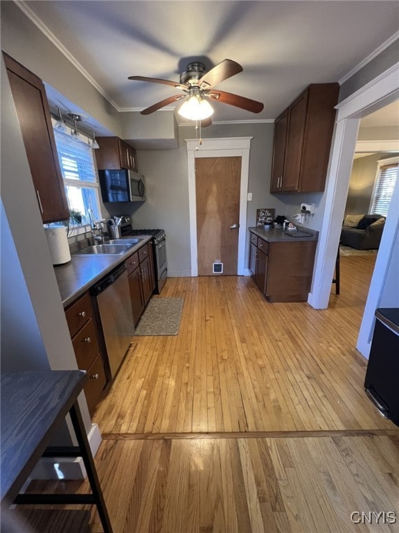 kitchen featuring crown molding, light hardwood / wood-style flooring, and appliances with stainless steel finishes