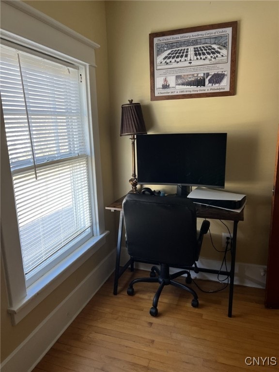 home office with wood-type flooring