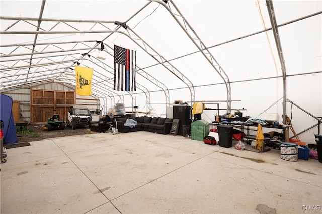 exterior space featuring a storage shed