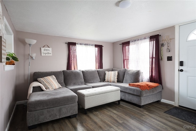 living room featuring dark wood-type flooring and a textured ceiling