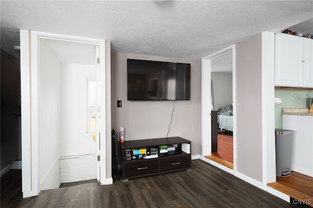 living room with dark hardwood / wood-style flooring and a textured ceiling