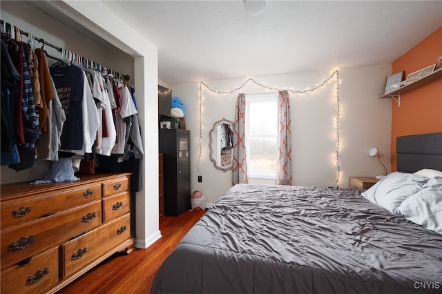 bedroom featuring wood-type flooring and a closet