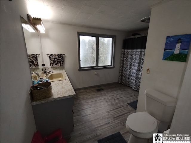 bathroom featuring walk in shower, wood-type flooring, vanity, and toilet