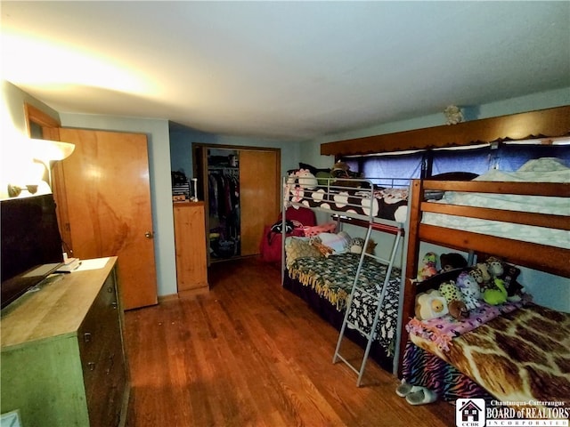 bedroom featuring wood-type flooring and a closet