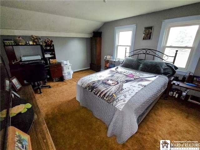 bedroom featuring multiple windows, vaulted ceiling, and carpet flooring