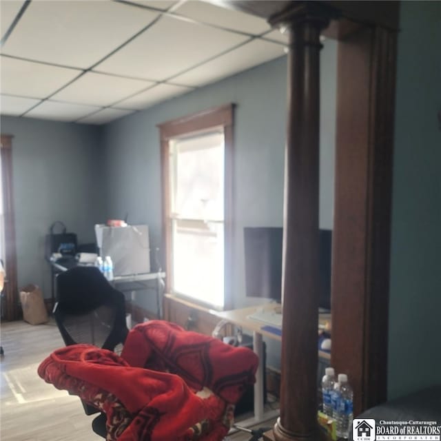 bedroom with a drop ceiling and wood finished floors