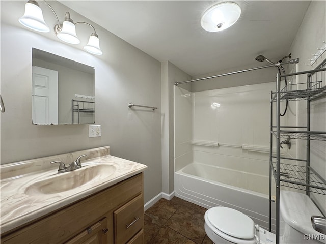 full bathroom featuring toilet, washtub / shower combination, vanity, and tile patterned floors