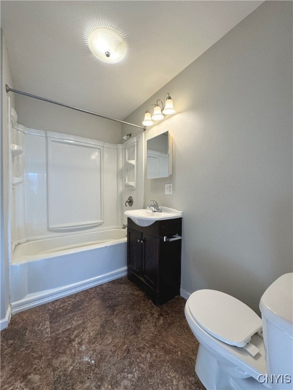 full bathroom with vanity, washtub / shower combination, and toilet