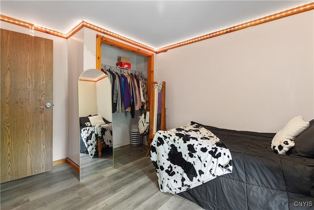 bedroom with hardwood / wood-style floors and a closet