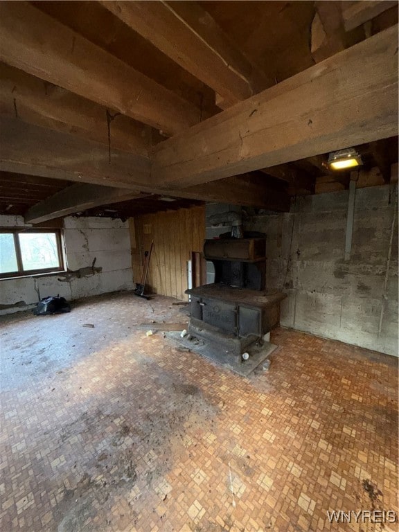 interior space with a wood stove