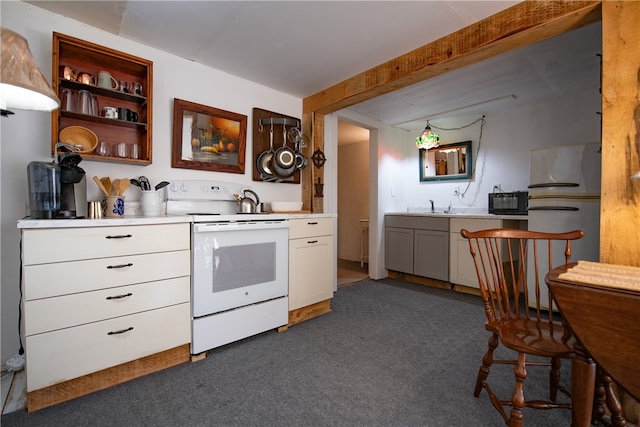 kitchen with white cabinets, white electric range oven, dark carpet, and refrigerator