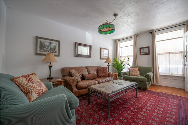 living room with wood-type flooring and a textured ceiling