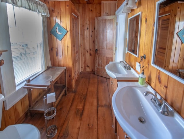 bathroom featuring wood walls, vanity, and hardwood / wood-style floors