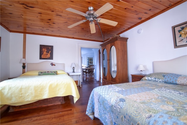 bedroom featuring dark hardwood / wood-style flooring, wood ceiling, ceiling fan, and crown molding