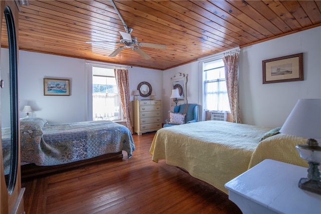 bedroom with multiple windows, wooden ceiling, and ceiling fan