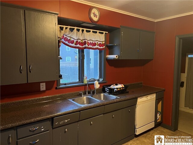 kitchen featuring dishwasher, sink, gray cabinets, and crown molding