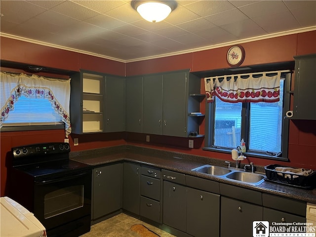 kitchen featuring gray cabinets, sink, black electric range, and ornamental molding