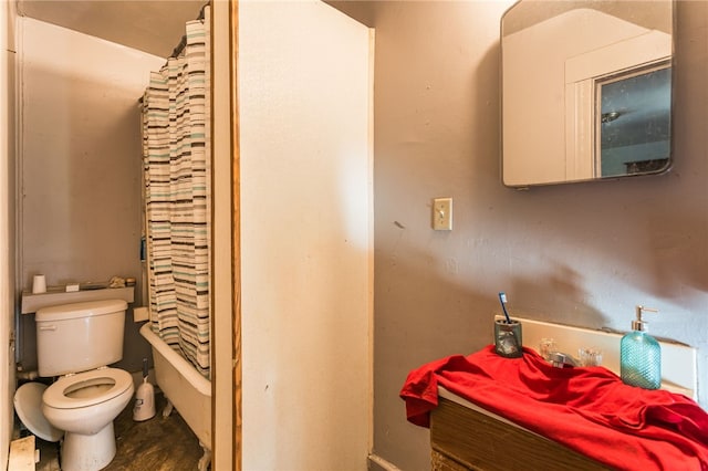 bathroom with toilet and shower / bathtub combination with curtain