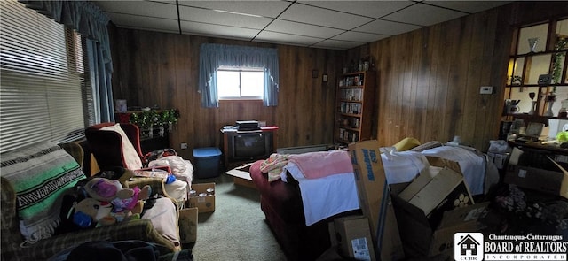 135 N 12th St, Olean, NY 14760 - bedroom with wood walls, a baseboard heating unit, and carpet