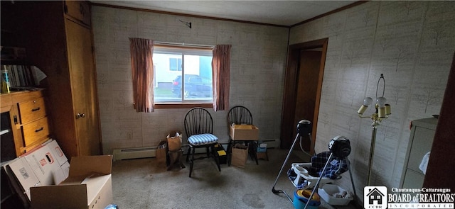 135 N 12th St, Olean, NY 14760 - living area featuring ornamental molding, a baseboard heating unit, and carpet floors
