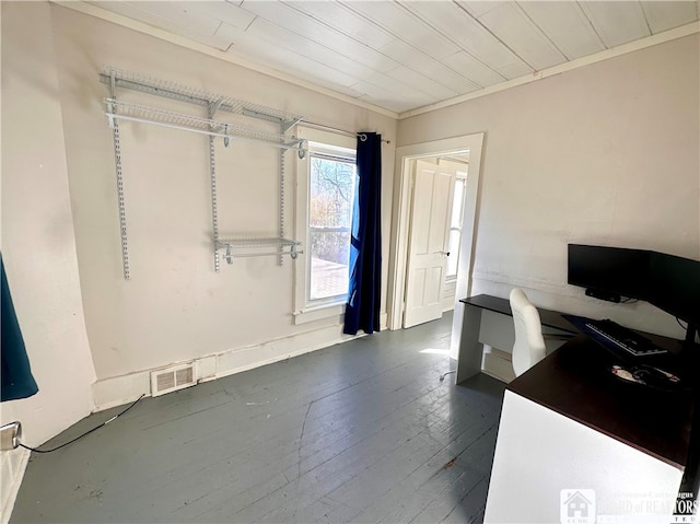 office with dark hardwood / wood-style floors and crown molding