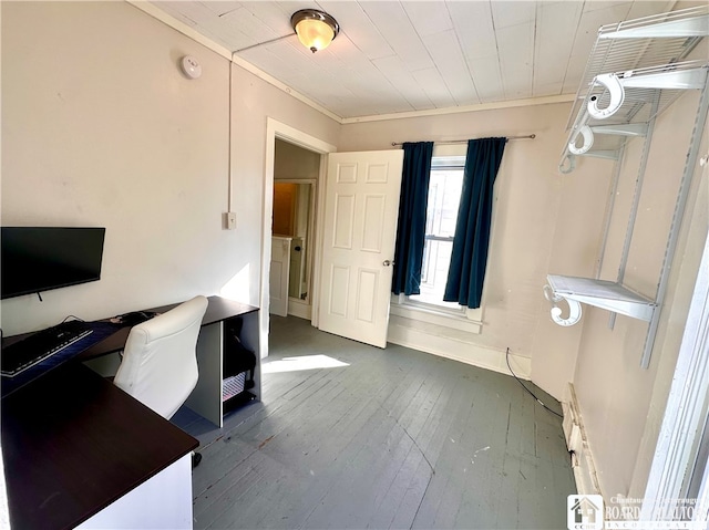 office with dark hardwood / wood-style flooring and ornamental molding