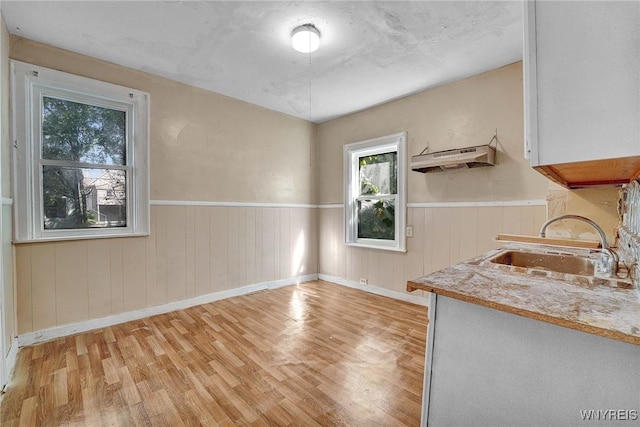 unfurnished dining area featuring light hardwood / wood-style flooring and sink