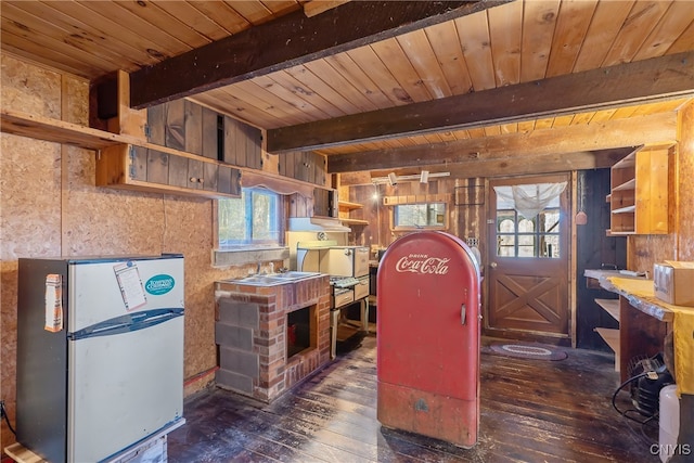 kitchen with stainless steel refrigerator, a healthy amount of sunlight, and dark hardwood / wood-style floors