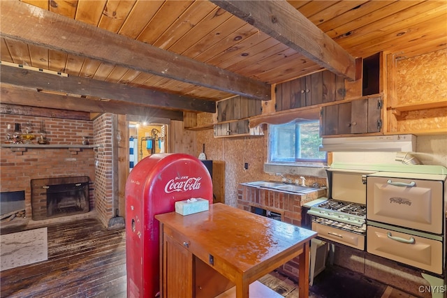 kitchen featuring wooden ceiling, sink, beam ceiling, a fireplace, and dark hardwood / wood-style flooring