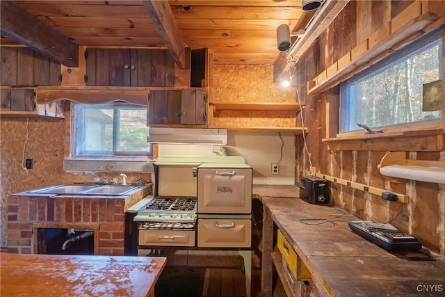 kitchen featuring beamed ceiling, sink, butcher block countertops, and wood ceiling