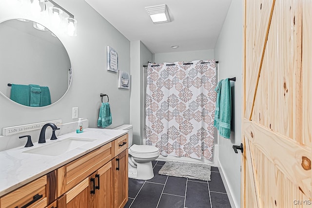 full bathroom featuring tile patterned flooring, vanity, toilet, and shower / tub combo with curtain